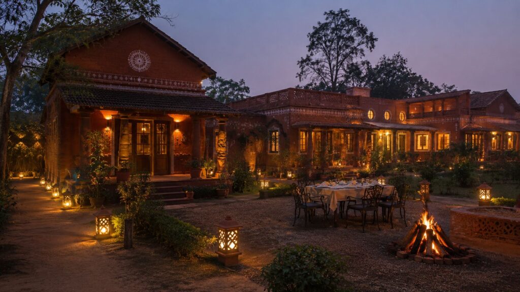 Resort accommodation in Santiniketan near the Poush Mela fairground, offering a convenient stay for visitors attending the festival.