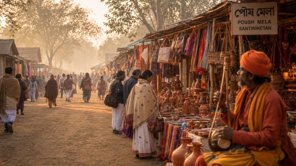 Visitors exploring handicraft stalls at Poush Mela 2026 in Santiniketan with traditional Baul culture and local artisan market.
