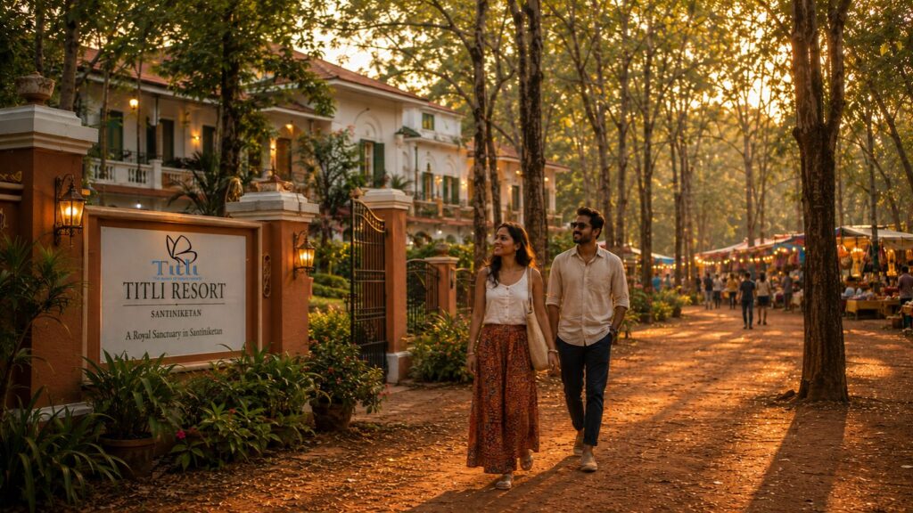 Couple walking from Resort Titli towards Sonajhuri Haat through the Sonajhuri forest in Santiniketan