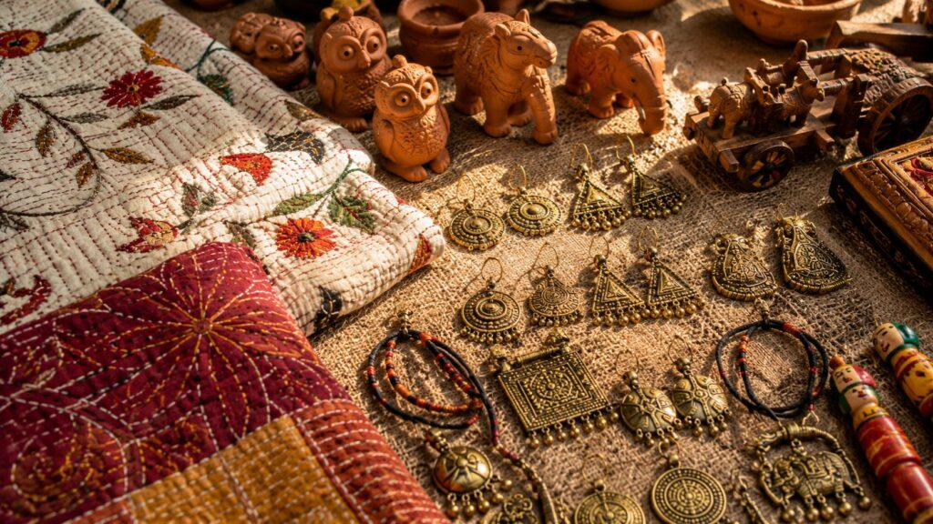 Handmade Kantha textiles, Dokra jewellery, and terracotta crafts displayed at Sonajhuri Haat in Santiniketan
